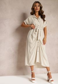 Renee - Jasnobeżowa Wiskozowa Sukienka Midi w Koszulowym Stylu z Gumką w Talii Paislli. Kolor: beżowy. Materiał: wiskoza. Sezon: lato, wiosna. Typ sukienki: koszulowe. Długość: midi #3