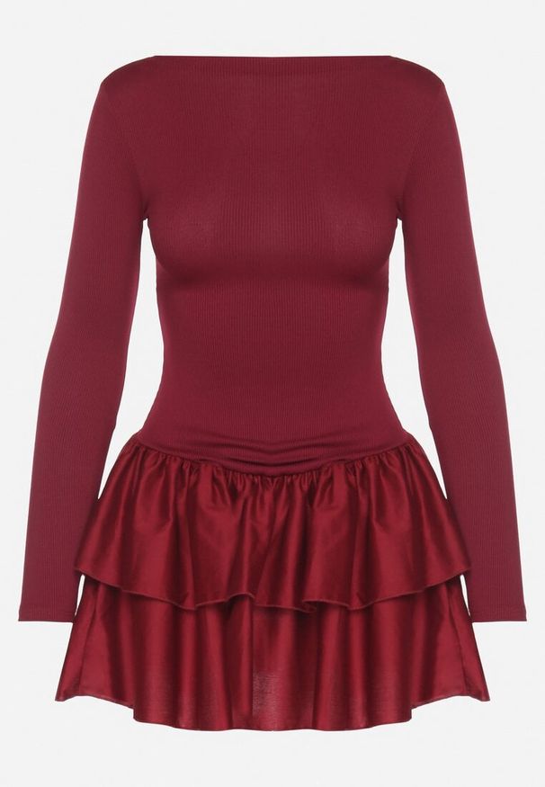 Born2be - Bordowa Rozkloszowana Sukienka z Długim Rękawem i Falbanką Reonaria. Okazja: na co dzień. Kolor: czerwony. Długość rękawa: długi rękaw. Styl: casual, elegancki