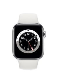 APPLE Watch 6 Cellular 44mm (Srebrny z opaską sportową w kolorze białym). Rodzaj zegarka: smartwatch. Kolor: srebrny, wielokolorowy, biały. Materiał: poliester, nylon, guma, materiał. Styl: sportowy #2