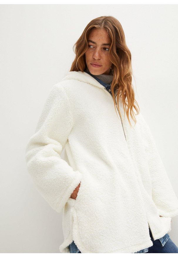 bonprix - Bluza rozpinana z polaru baranka, o linii litery A, z rozcięciami po bokach. Kolor: biały. Materiał: polar
