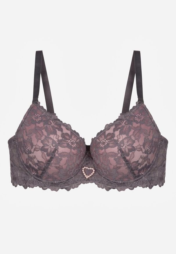 Born2be - Szaro-Różowy Biustonosz z Koronką i Sercem z Cyrkonii Coratune. Kolor: szary. Materiał: koronka. Wzór: koronka