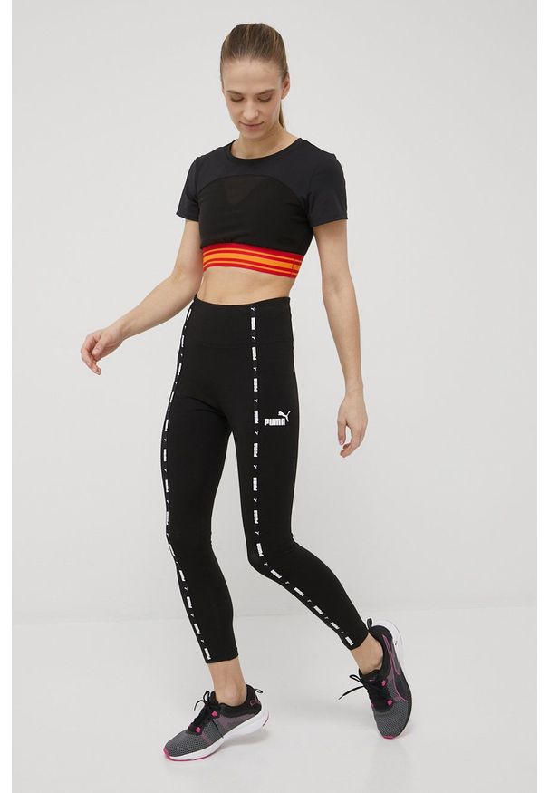 Puma legginsy Power Tape damskie kolor czarny z aplikacją. Kolor: czarny. Materiał: skóra, dzianina, bawełna. Wzór: aplikacja