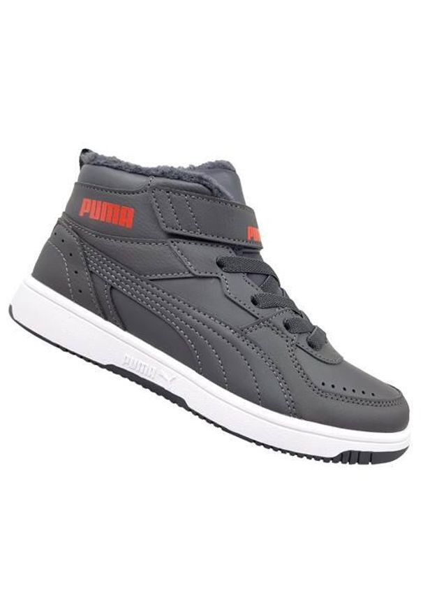Buty do chodzenia dla dzieci Puma Rebound Joy Fur PS. Zapięcie: rzepy. Kolor: wielokolorowy, szary. Materiał: guma, materiał, syntetyk. Szerokość cholewki: normalna. Sport: turystyka piesza