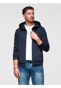 Ombre Clothing - Bluza rozpinana męska z kapturem z gładkiej dzianiny - granatowa V4 - Rozmiar: S. Okazja: na co dzień, na spacer, do pracy. Typ kołnierza: kaptur. Kolor: niebieski. Materiał: dzianina. Wzór: gładki. Styl: casual, sportowy