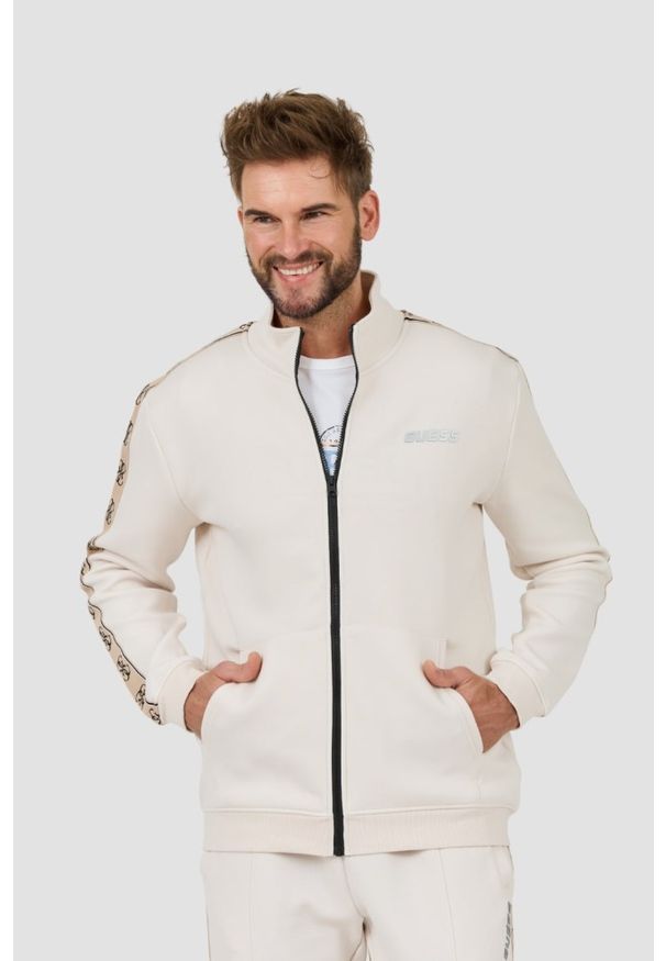 Guess - GUESS Beżowa męska bluza Mickey Full Zip, Rozmiar S. Kolor: beżowy