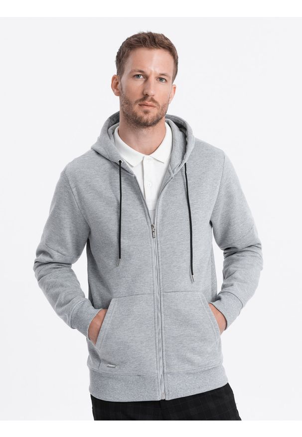 Ombre Clothing - Bluza męska rozpinana z kapturem - szary melanż V3. Typ kołnierza: kaptur. Kolor: szary. Materiał: bawełna, poliester, dresówka. Wzór: melanż
