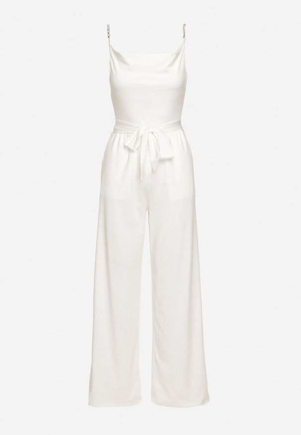 Born2be - Biały Kombinezon na Ozdobnych Ramiączkach z Gumką w Pasie i Materiałowym Paskiem Cinna. Kolor: biały. Materiał: materiał. Długość rękawa: na ramiączkach. Styl: klasyczny