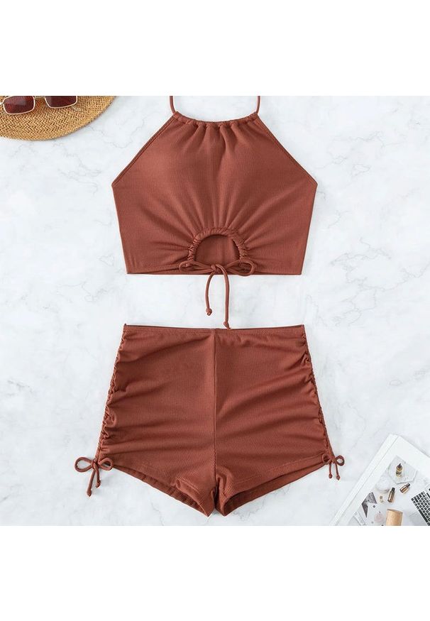 Intica - Strój kąpielowy dwuczęściowy szybkoschnący z regulacją Dragulina. Kolor: brązowy. Materiał: materiał