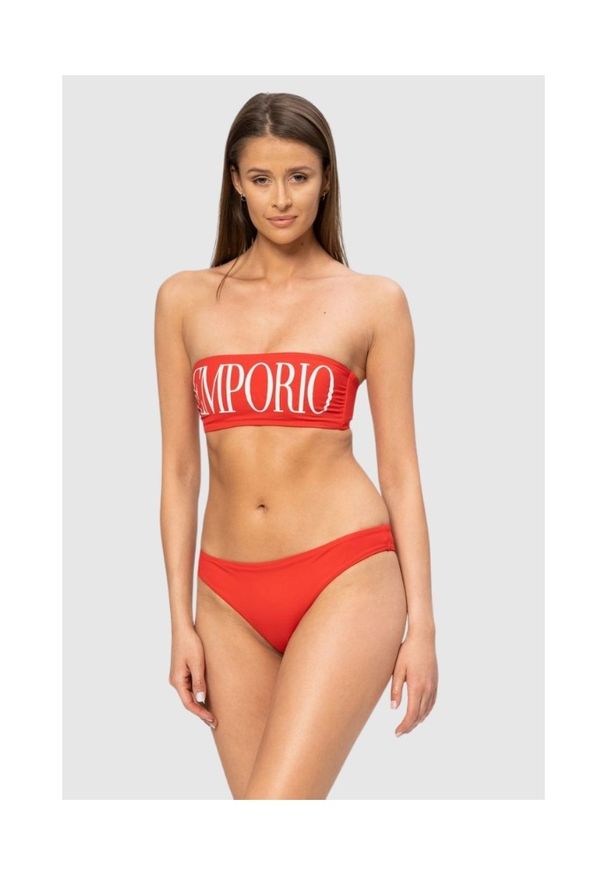 Emporio Armani - EMPORIO ARMANI Czerwone bikini z białym logo. Kolor: czerwony. Materiał: poliamid