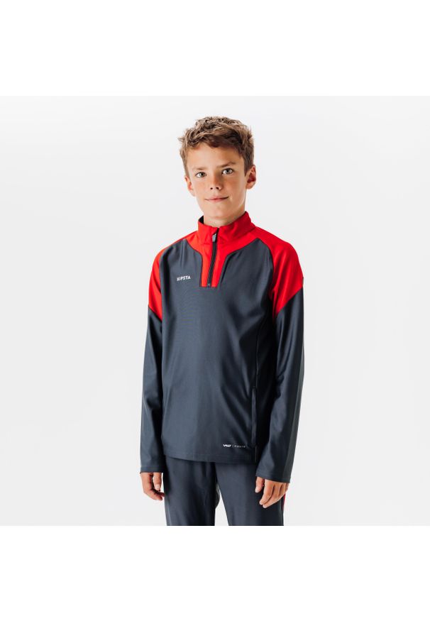 KIPSTA - Bluza piłkarska dla dzieci Kipsta Viralto Club na krótki suwak. Kolor: szary, czerwony, wielokolorowy. Materiał: poliester, materiał. Długość: krótkie. Sport: piłka nożna