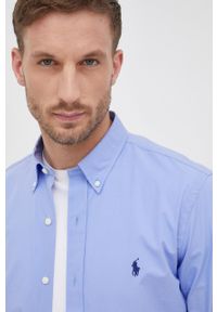 Polo Ralph Lauren koszula męska slim z kołnierzykiem button-down. Typ kołnierza: polo, button down. Kolor: niebieski. Materiał: tkanina. Długość rękawa: długi rękaw. Długość: długie. Wzór: aplikacja