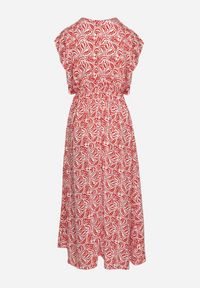 Born2be - Czerwona Sukienka Bawełniana z Gumką w Talii i Mozaikowym Wzorem Indaria. Kolor: czerwony. Materiał: bawełna #7