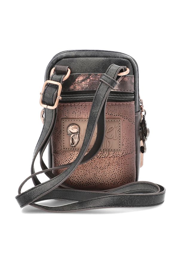 Brązowa Mała Damska Torebka Na Telefon Anekke. Kolor: brązowy. Wzór: aplikacja, napisy. Dodatki: z aplikacjami. Styl: casual, elegancki