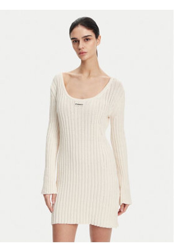 Pinko - PINKO Sukienka dzianinowa 105301 A2N7 Écru Regular Fit. Kolor: kremowy. Materiał: bawełna