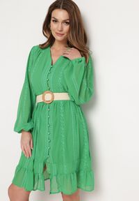 Born2be - Zielona Sukienka Nesilwyn. Kolor: zielony. Materiał: tkanina. Wzór: haft. Styl: boho. Długość: mini
