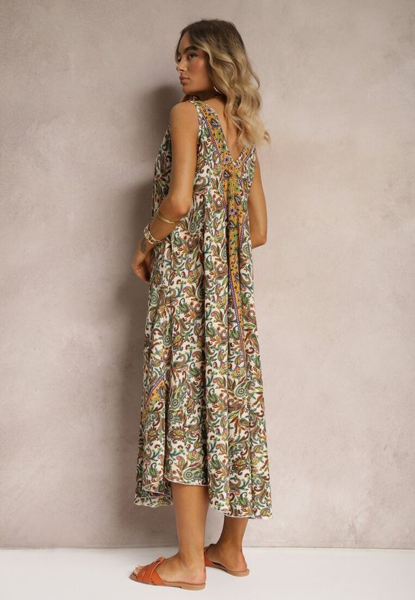 Renee - Zielono-Beżowa Sukienka z Wiskozy o Rozkloszowanym Kroju Bez Rękawów Fradea. Okazja: na co dzień, na imprezę. Kolor: zielony. Materiał: wiskoza. Długość rękawa: bez rękawów. Sezon: lato. Styl: casual, elegancki