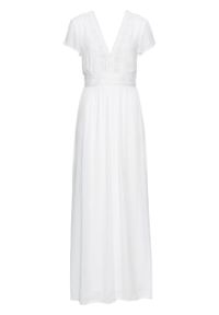 Długa sukienka letnia z koronką bonprix biel wełny. Kolor: biały. Materiał: wełna, koronka. Wzór: koronka. Sezon: lato. Długość: maxi #1