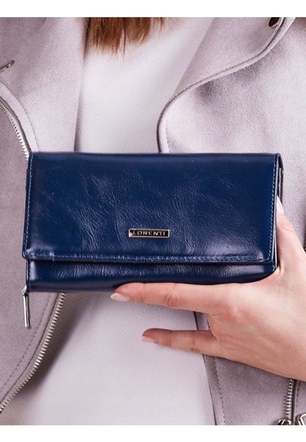 LORENTI - Skórzany portfel damski granatowy Lorenti - niebieski. Kolor: niebieski. Materiał: skóra