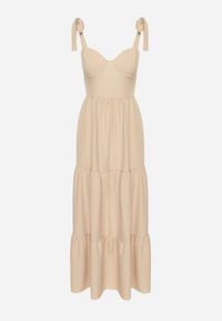 Born2be - Beżowa Rozkloszowana Sukienka z Wiskozą Ozdobiona Wiązaniem na Ramiączkach Meravessa. Okazja: na spacer. Kolor: beżowy. Materiał: wiskoza. Długość rękawa: na ramiączkach. Wzór: aplikacja #6