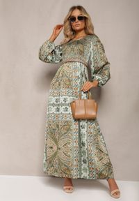 Renee - Zielona Sukienka Maxi Boho z Bufiastym Rękawem i Rozkloszowanym Dołem Veltiana. Okazja: na co dzień. Kolor: zielony. Materiał: materiał. Typ sukienki: proste, rozkloszowane. Styl: boho. Długość: maxi #3