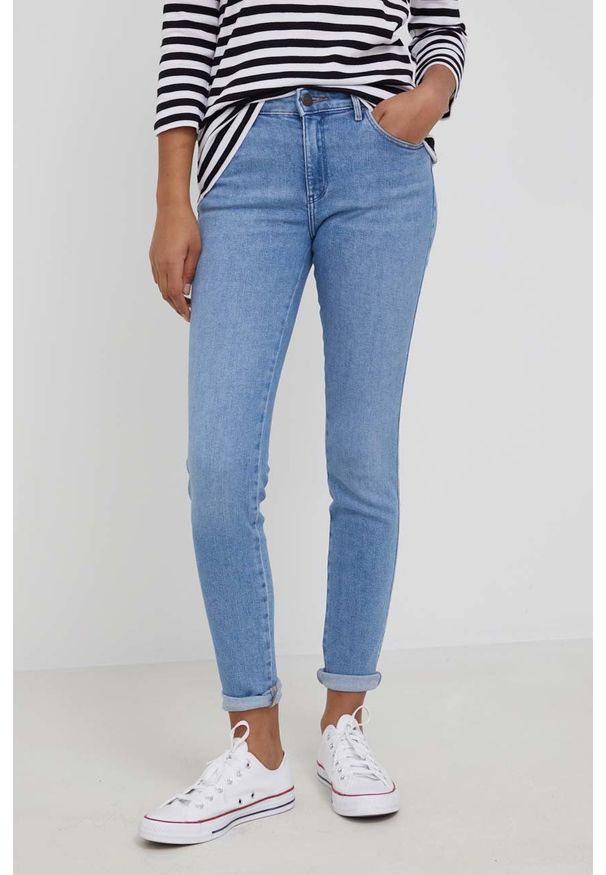 Wrangler jeansy SKINNY IN THE CLOUDS damskie medium waist. Kolor: niebieski