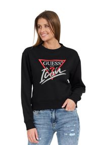 Guess - GUESS Czarna damska bluza Icon z dużym logo, Rozmiar L. Okazja: na co dzień. Kolor: czarny. Materiał: materiał, poliester, bawełna. Długość rękawa: długi rękaw. Długość: długie. Styl: casual