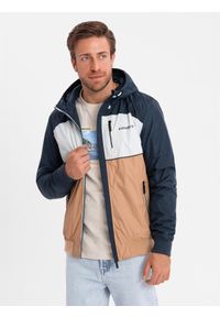 Ombre Clothing - Lekka kolorowa męska kurtka sportowa z polarem – brązowo-granatowa V1 - Rozmiar: XL. Typ kołnierza: kołnierzyk stójkowy. Kolor: biały. Materiał: polar. Wzór: kolorowy. Styl: sportowy