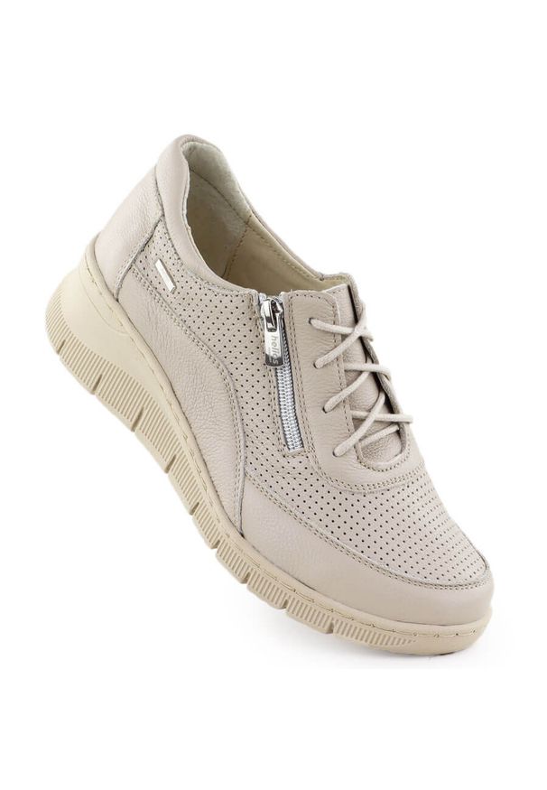 Skórzane półbuty damskie na koturnie perforowane ekri Helios 427. Materiał: skóra. Obcas: na koturnie