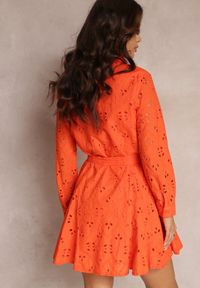 Renee - Pomarańczowa Koszulowa Sukienka Ażurowa z Wiązanym Paskiem Faeyela. Kolor: pomarańczowy. Materiał: materiał. Wzór: ażurowy. Typ sukienki: koszulowe