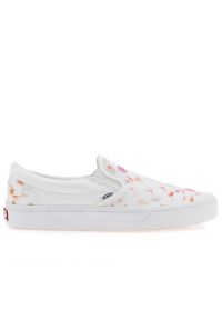 Buty Vans Classic Slip-On Aura Checkerboard VN0A5JLXWHT1 - białe. Okazja: na co dzień. Zapięcie: bez zapięcia. Kolor: biały. Materiał: materiał, guma. Szerokość cholewki: normalna. Wzór: kratka, nadruk. Model: Vans Classic