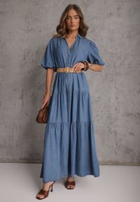 Renee - Jasnoniebieska Koszulowa Sukienka z Wiskozą Paskiem z Plecionki i Bufkami Nedara. Okazja: na co dzień. Kolor: niebieski. Materiał: wiskoza. Typ sukienki: koszulowe. Styl: casual #2
