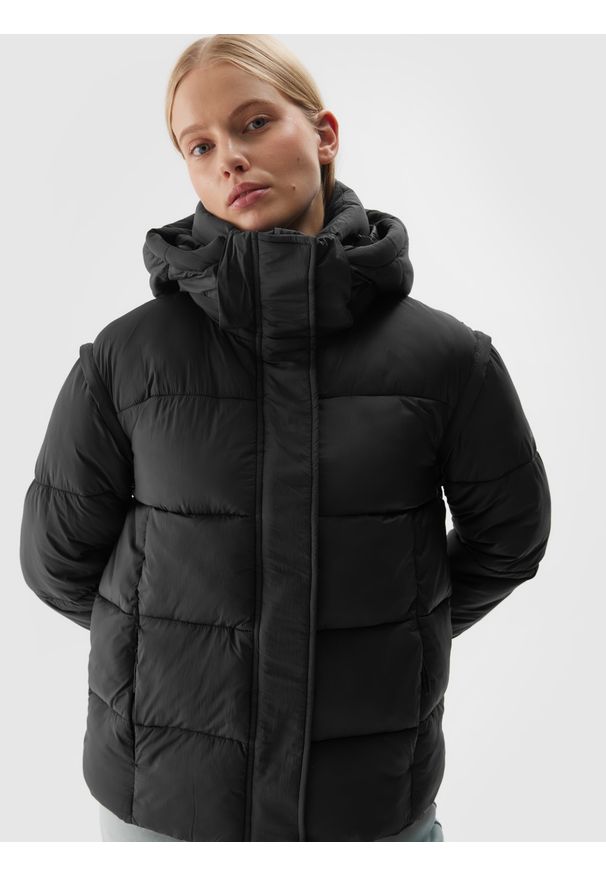 4f - 4F Kurtka puchowa 2w1 z wypełnieniem syntetycznym damska - czarna L. Okazja: na co dzień. Kolor: czarny. Materiał: syntetyk, puch. Długość: długie. Wzór: gładki. Sezon: zima. Styl: casual, klasyczny, sportowy