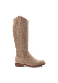 Kozaki damskie S.Barski, cholewka z materiału zapinane na suwak elegancki fason w stylu boho, beżowe, HY61-8022. Okazja: na co dzień. Kolor: beżowy. Szerokość cholewki: normalna. Wzór: geometria, ażurowy. Materiał: materiał. Sezon: zima, jesień, lato. Obcas: na obcasie. Styl: elegancki, boho. Wysokość obcasa: niski #9