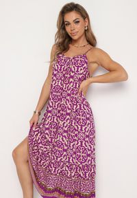 Born2be - Fioletowa Bawełniana Sukienka o Rozkloszowanym Kroju na Cienkich Ramiączkach Nellarra. Kolor: fioletowy. Materiał: bawełna. Długość rękawa: na ramiączkach. Sezon: lato. Styl: elegancki #6