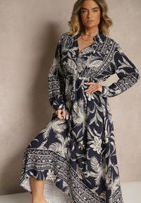 Renee - Niebieska Sukienka z Koszulową Górą i Egzotycznym Printem z Wiskozy Meriviona. Okazja: na co dzień. Kolor: niebieski. Materiał: wiskoza. Długość rękawa: długi rękaw. Wzór: nadruk. Sezon: lato, wiosna. Typ sukienki: koszulowe. Styl: elegancki, casual
