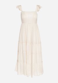 Born2be - Beżowa Wiskozowa Sukienka na Ramiączkach Zdobiona Metaliczną Nicią Iffrisse. Okazja: na co dzień. Kolor: beżowy. Materiał: wiskoza. Długość rękawa: na ramiączkach. Wzór: aplikacja. Styl: casual #5