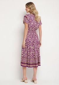 Born2be - Ciemnofioletowa Bawełniana Sukienka z Guzikami i Ornamentnym Wzorem Zisselle. Kolor: fioletowy. Materiał: bawełna #7