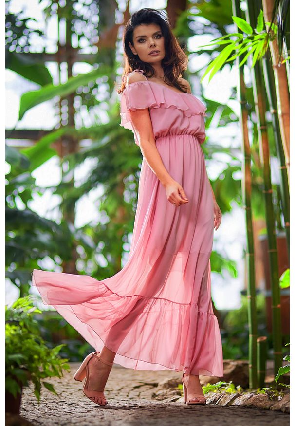 Awama - Maxi Sukienka w Hiszpańskim Stylu - Różowa. Kolor: różowy. Materiał: elastan, wiskoza. Długość: maxi