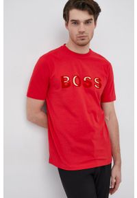 BOSS - Boss T-shirt bawełniany kolor czerwony gładki. Okazja: na co dzień. Kolor: czerwony. Materiał: bawełna. Wzór: gładki. Styl: casual