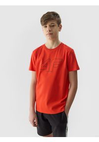 4f - 4F T-shirt z nadrukiem chłopięcy - pomarańczowy 122 (6-7 lat). Okazja: na co dzień. Kolor: pomarańczowy. Materiał: jersey, bawełna, dzianina. Długość rękawa: krótki rękaw. Długość: krótkie. Wzór: nadruk. Sezon: lato. Styl: sportowy, casual #1