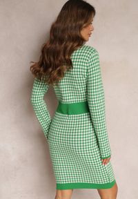 Renee - Zielono-Biała Dzianinowa Sukienka Mini w Kratę Zelibra. Kolor: zielony. Materiał: dzianina. Wzór: aplikacja. Styl: elegancki. Długość: mini