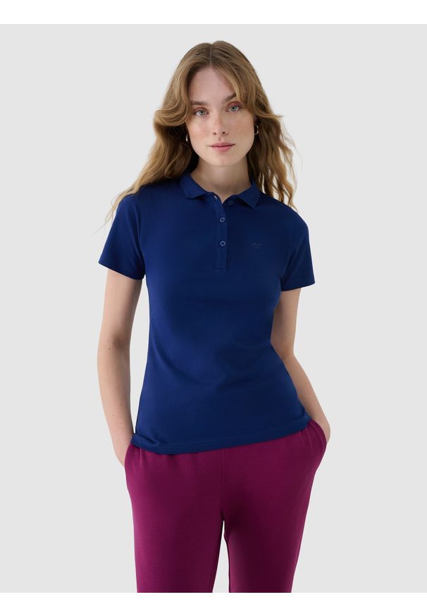 4f - 4F Koszulka polo slim damska - granatowa XXL. Okazja: na co dzień. Typ kołnierza: polo. Kolor: niebieski. Materiał: jersey, dzianina, materiał, elastan, bawełna. Długość rękawa: krótki rękaw. Długość: krótkie. Wzór: jednolity, gładki, ze splotem. Styl: casual, klasyczny, sportowy