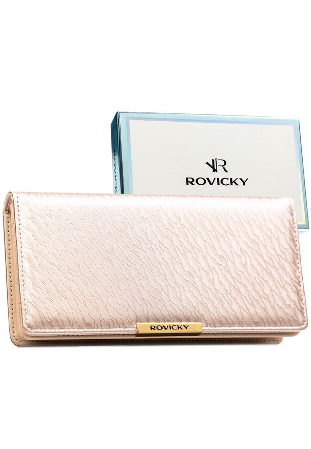 ROVICKY - Duży, beżowy portfel damski ze skóry ekologicznej wyposażony w system RFID - Rovicky. Kolor: beżowy. Materiał: skóra ekologiczna