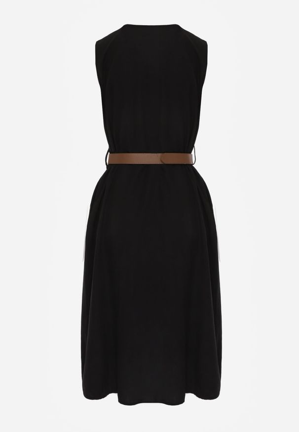 Renee - Czarna Pudełkowa Sukienka z Wiskozą Bawełną Guzikami i Paskiem Magmaris. Okazja: do pracy, na co dzień. Kolor: czarny. Materiał: wiskoza, bawełna. Sezon: wiosna, lato. Styl: elegancki, casual