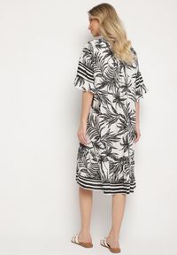 Born2be - Biała Sukienka o Pudełkowym Kroju z Wiązaniem przy Dekolcie w Roślinny Wzór Mirionela. Kolor: biały. Długość rękawa: krótki rękaw #2