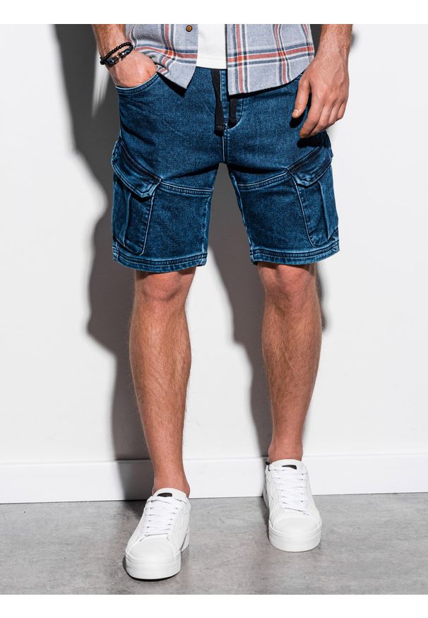 Ombre Clothing - Krótkie spodenki męskie jeansowe W220 - ciemny jeans - M. Okazja: na co dzień. Materiał: jeans. Długość: krótkie. Sezon: wiosna, lato. Styl: casual
