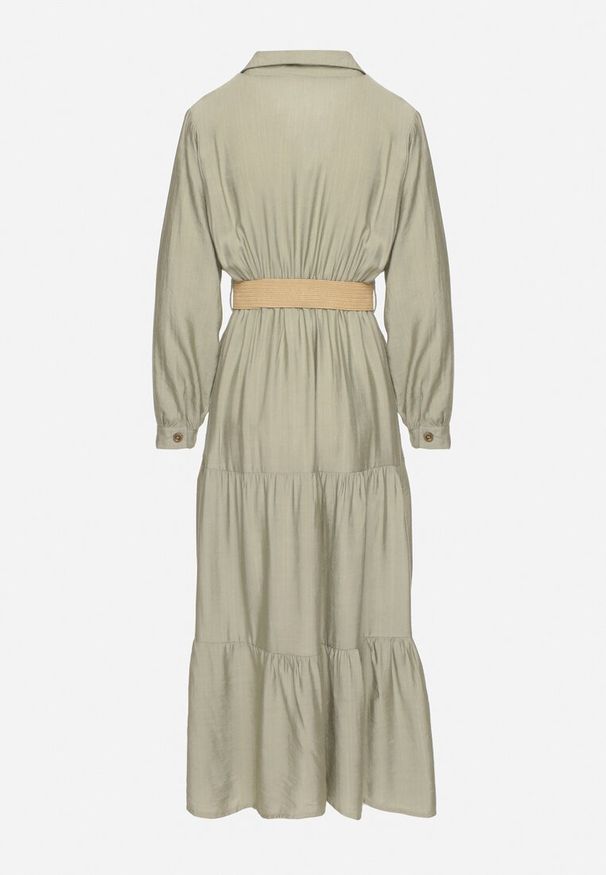 Born2be - Zielona Sukienka Koszulowa z Wiskozy z Elastycznym Paskiem z Klamrą Felucia. Okazja: na co dzień, na spacer. Typ kołnierza: dekolt w kształcie V. Kolor: zielony. Materiał: wiskoza. Długość rękawa: długi rękaw. Typ sukienki: koszulowe. Styl: casual, klasyczny, elegancki