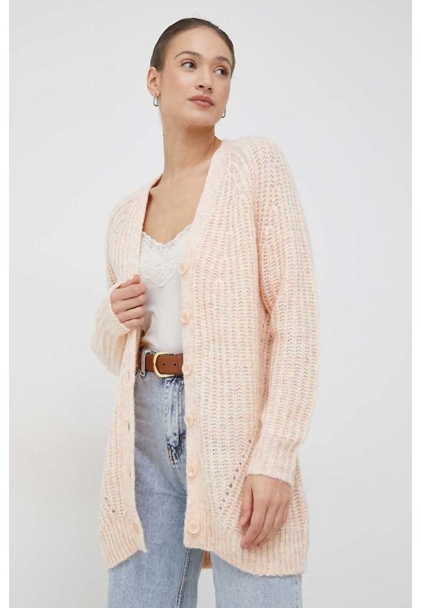 Vero Moda kardigan z domieszką wełny damski kolor pomarańczowy. Kolor: pomarańczowy. Materiał: wełna. Długość rękawa: raglanowy rękaw. Wzór: ze splotem