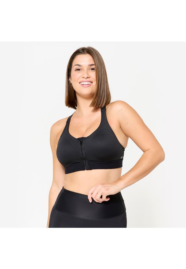 DOMYOS - Stanik sportowy Domyos. Kolekcja: plus size. Kolor: czarny. Materiał: materiał, elastan, skóra. Długość rękawa: na ramiączkach. Sport: fitness