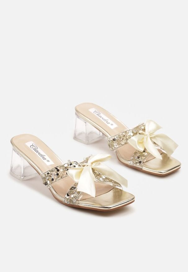Born2be - Złote Klapki na Transparentym Obcasie Ozdobione Cyrkoniami Tilsedi. Kolor: złoty. Wzór: aplikacja. Sezon: lato. Obcas: na obcasie. Styl: elegancki. Wysokość obcasa: średni